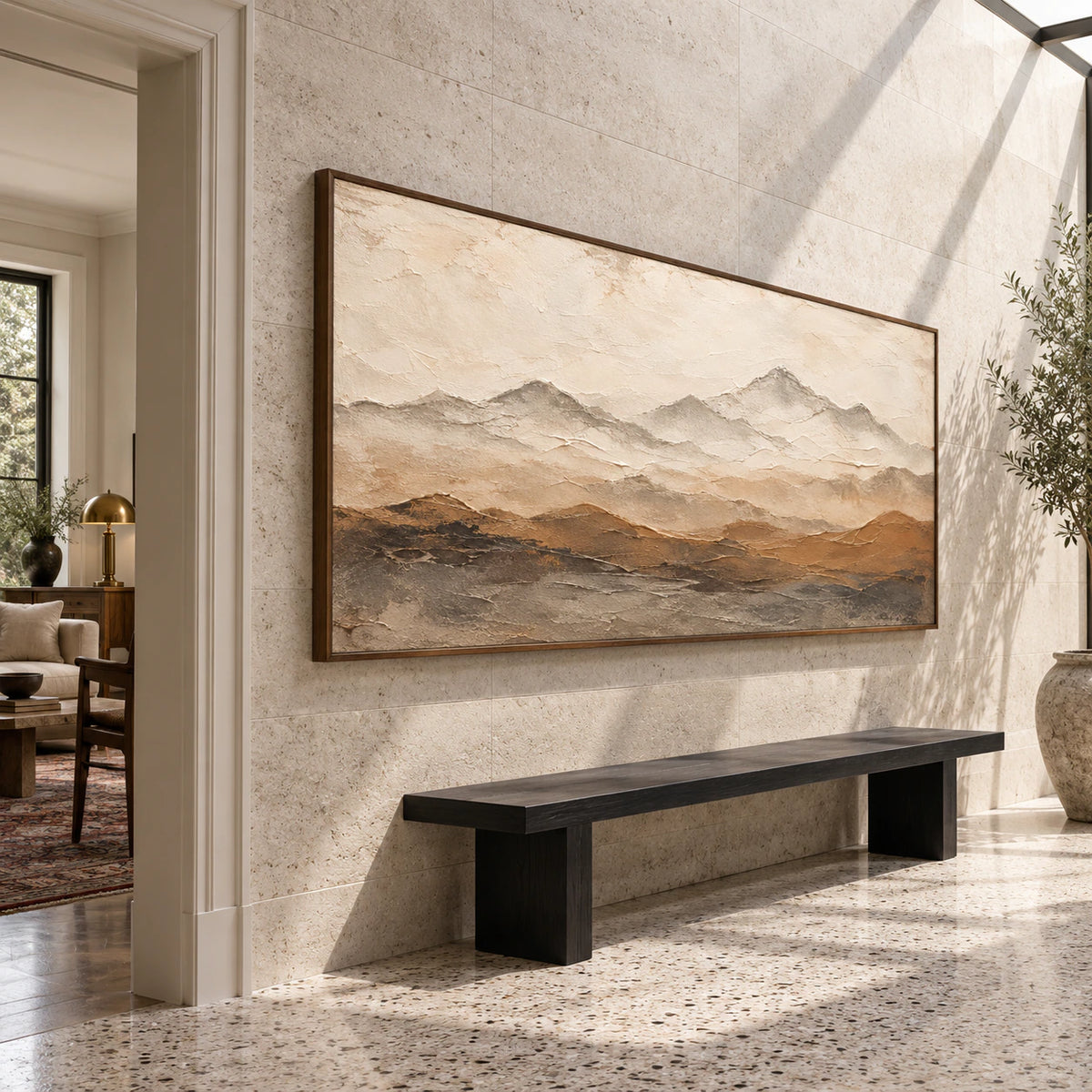 Ochre-Altitude at gallery scale in a bright stone-lined foyer.