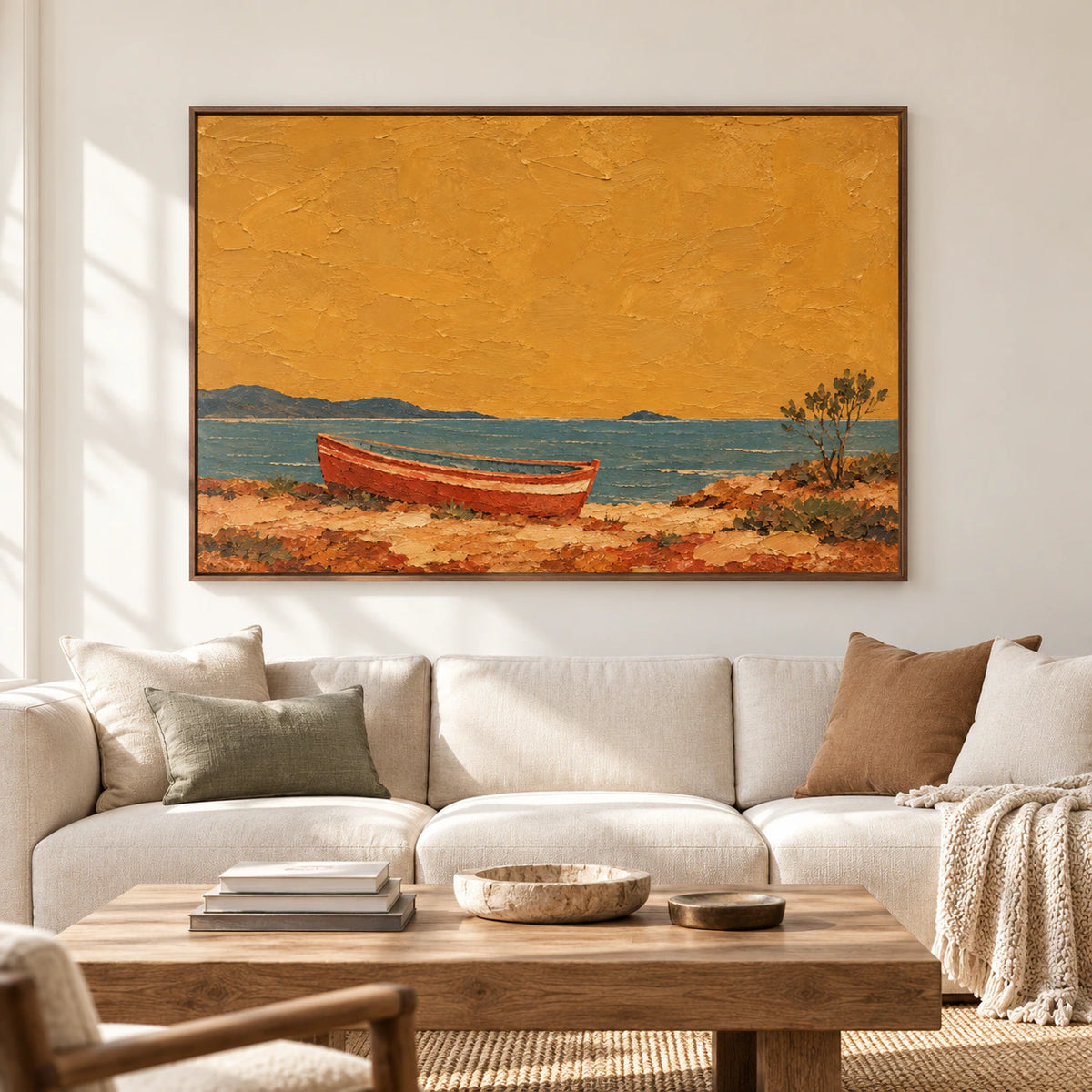 Ochre Anchorage displayed at large scale on a pale plaster wall in a spacious, sunlit room, viewed straight-on.