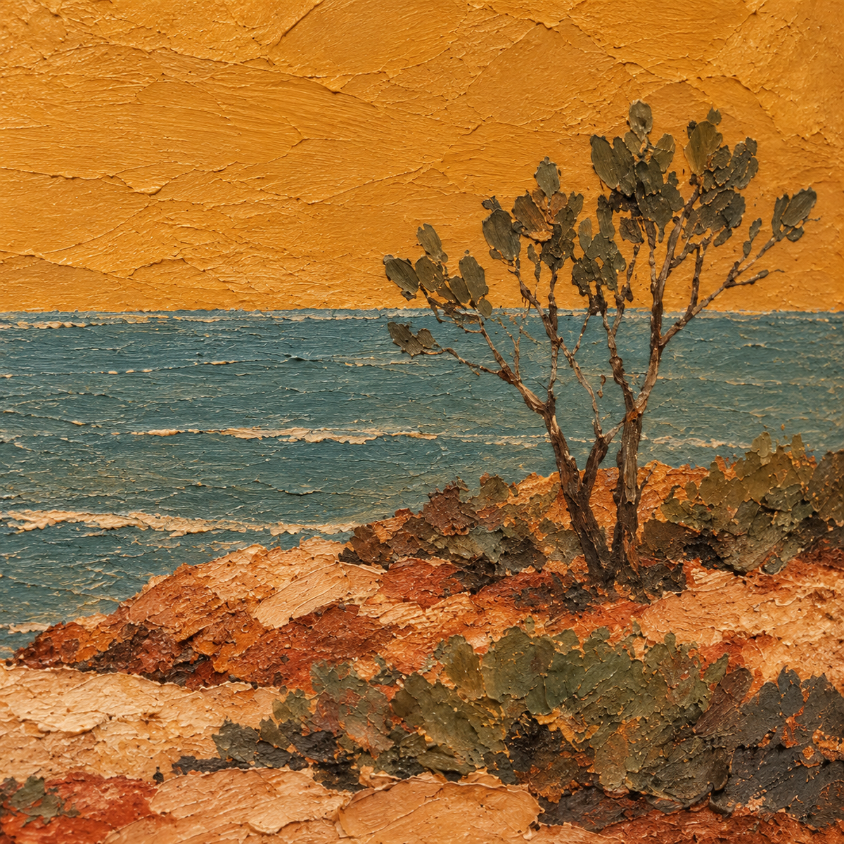 Ochre-Anchorage oil painting brushwork and impasto detail photographed from an oblique side angle