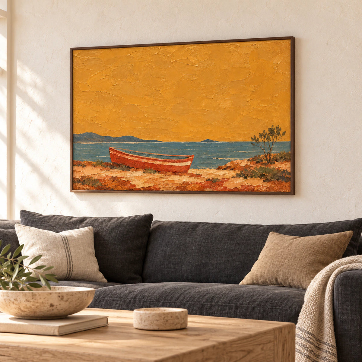 Large Ochre Anchorage above a charcoal linen sofa in a bright living room with pale walls, oak details and clear daylight.
