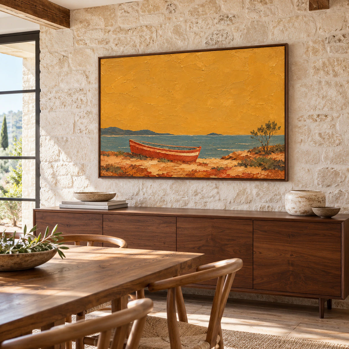 Ochre Anchorage displayed prominently in a refined dining room above a dark walnut sideboard, with ivory walls and natural light.