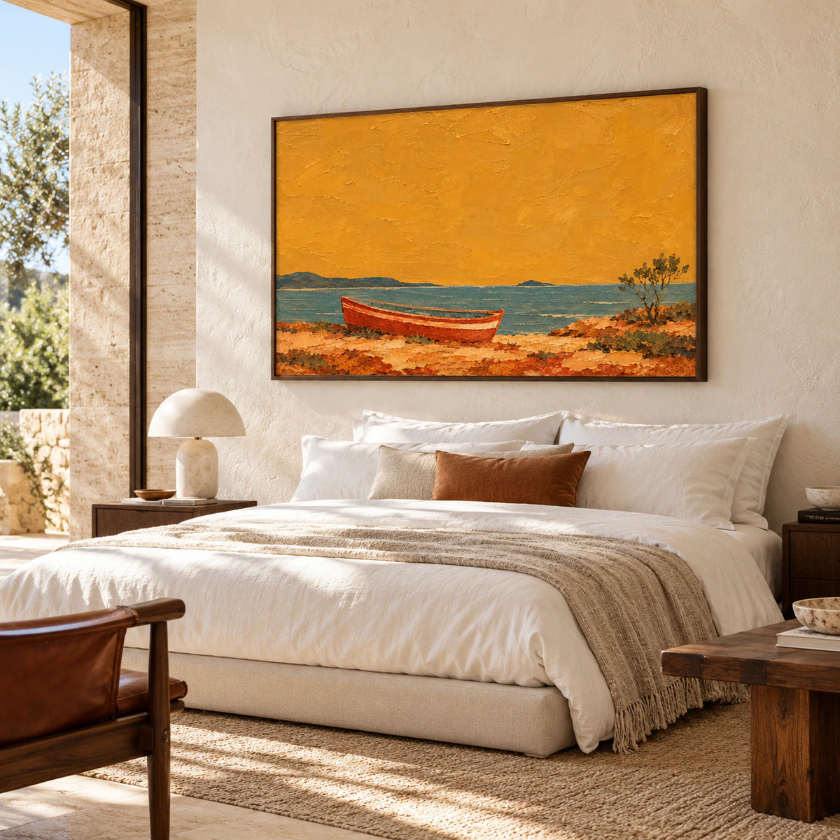 Large Ochre Anchorage above a low bed in a quiet bright bedroom with crisp white linen, pale stone walls and soft morning light.