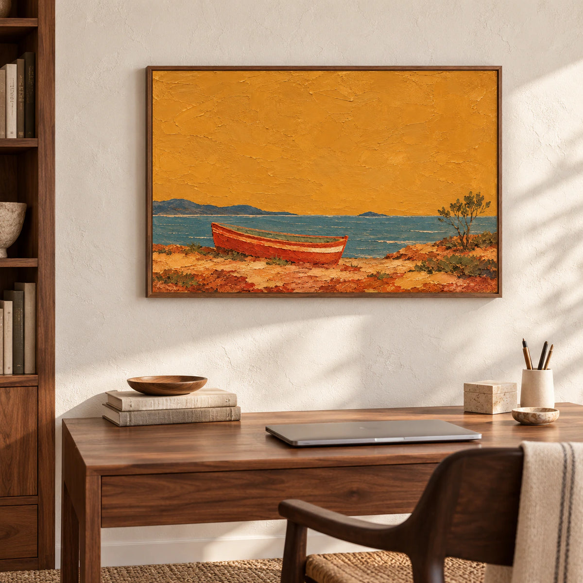 Ochre Anchorage displayed at large scale in an airy home office with a simple desk, warm white walls and broad daylight.