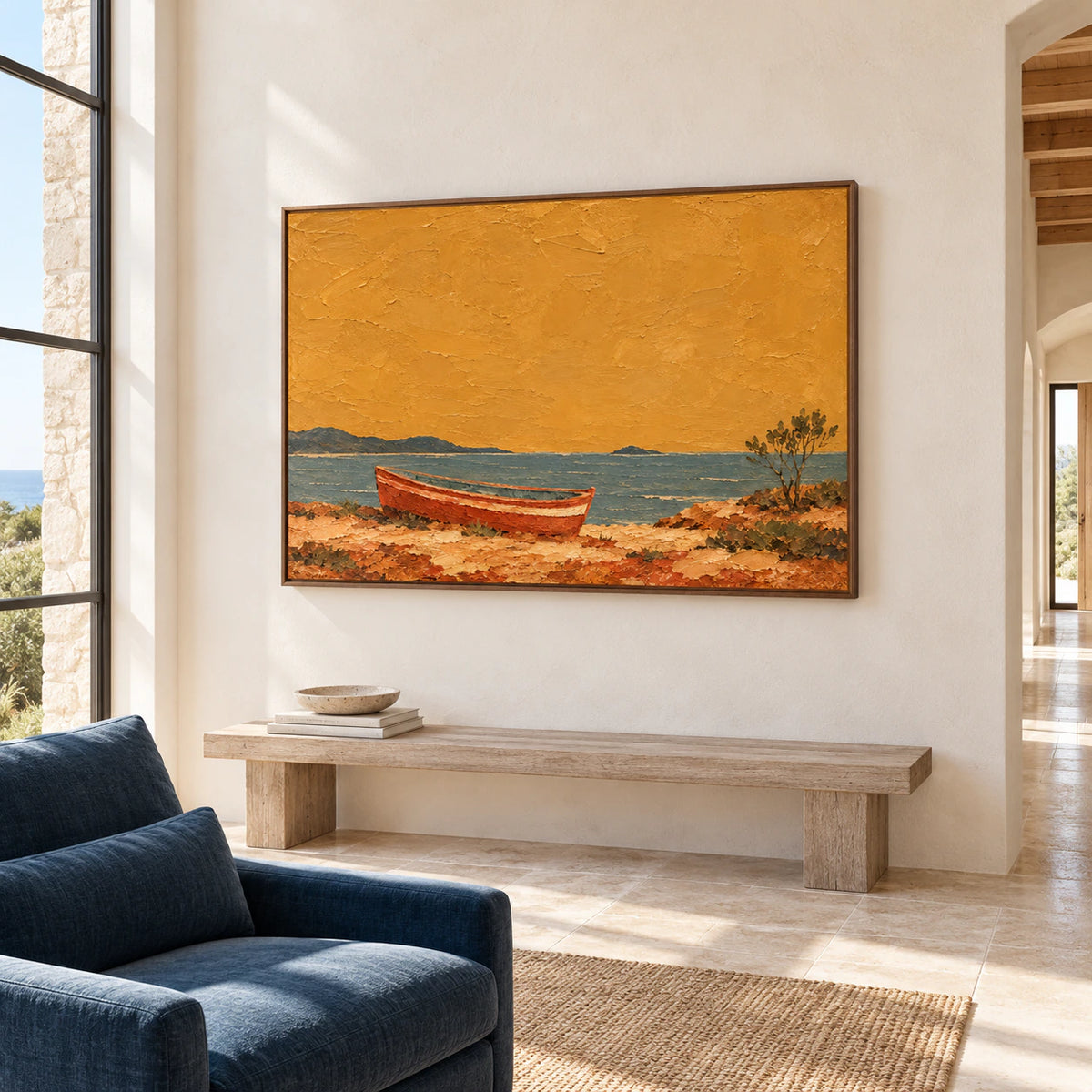 Ochre Anchorage commanding a gallery-scale foyer wall with limestone flooring, a restrained bench and daylight from tall windows.