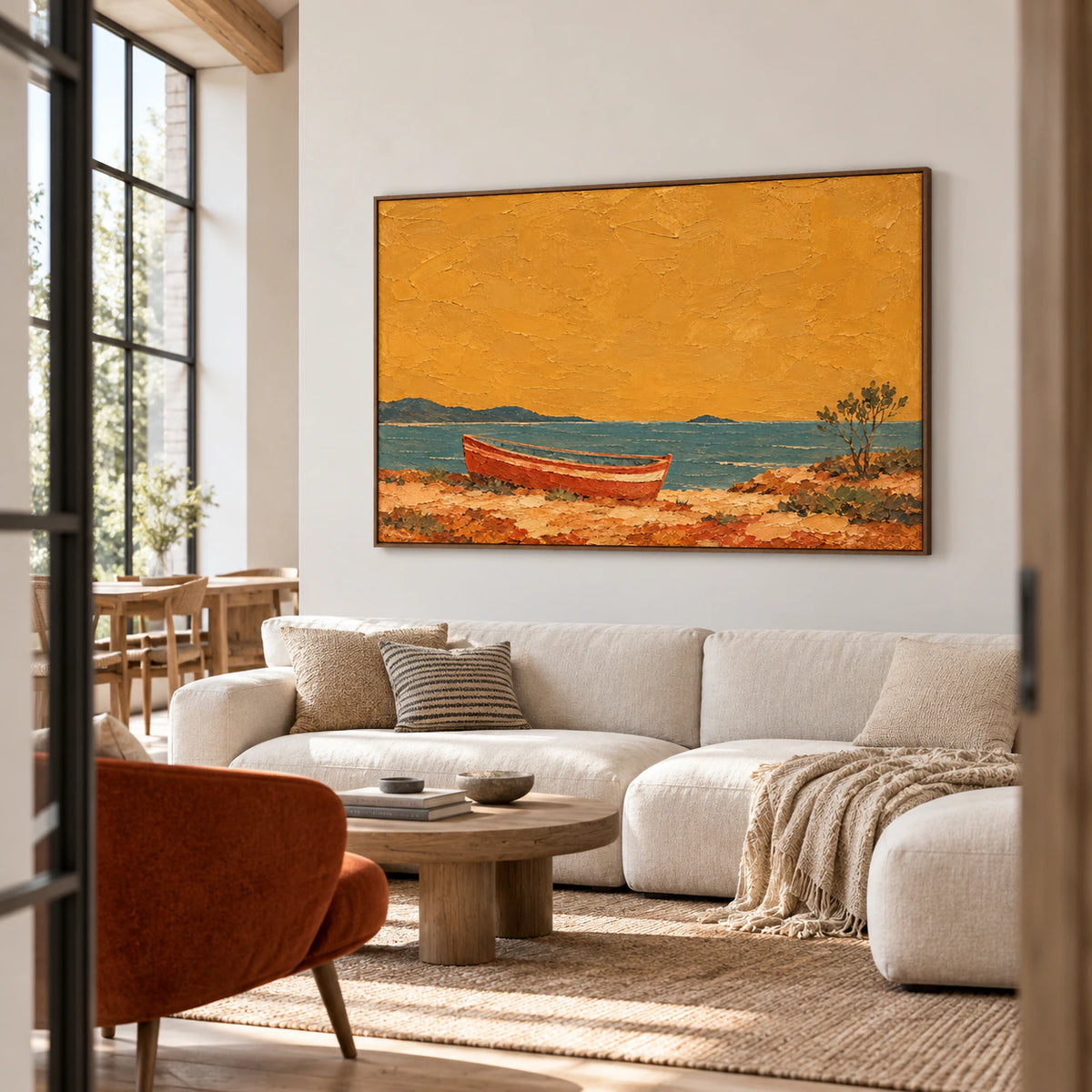 Large Ochre Anchorage in an expansive loft lounge with high ceilings, steel windows and restrained neutral furnishings.