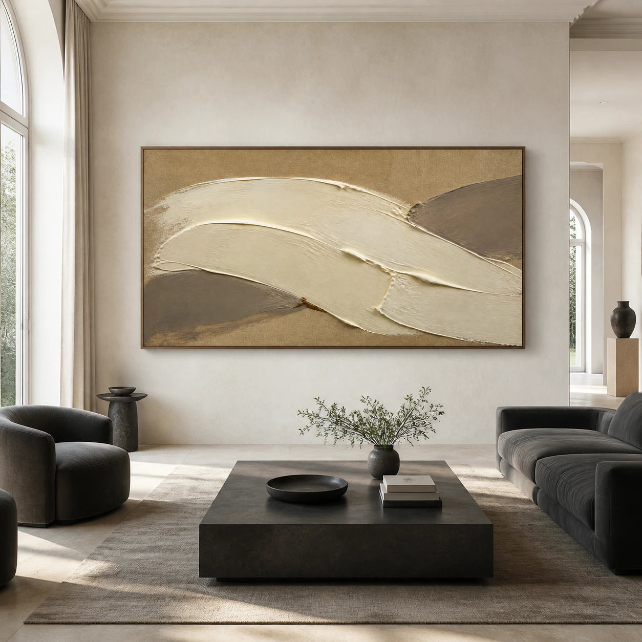 Large Ochre-Arc painting displayed straight-on in a spacious contemporary interior.
