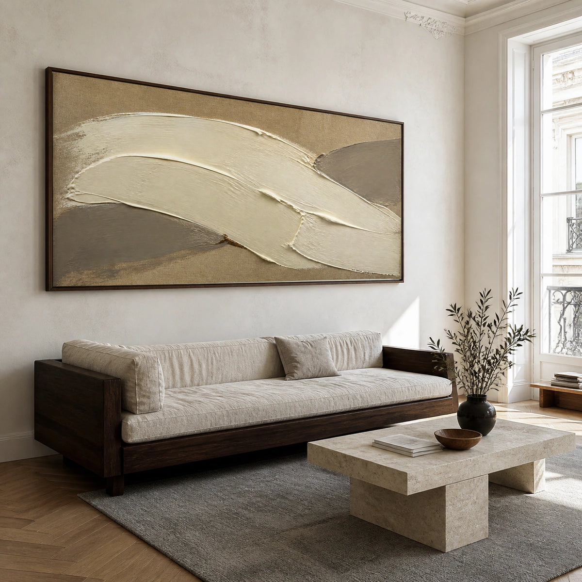 Ochre-Arc as the focal artwork in a bright contemporary living room.