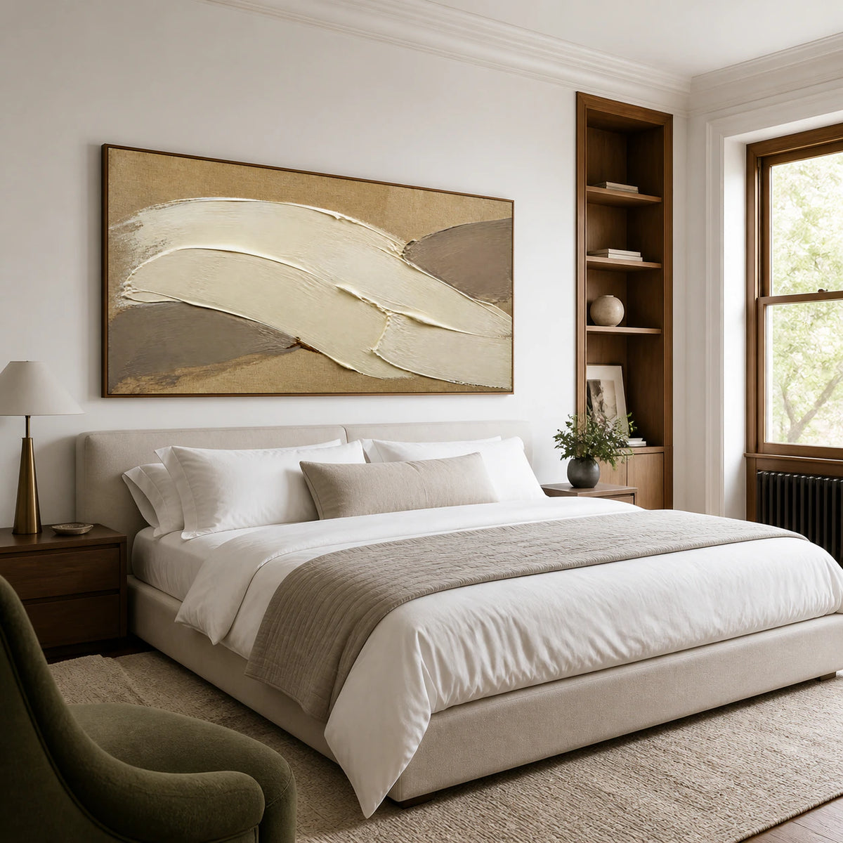 Ochre-Arc bringing tactile warmth to a quiet, light-filled bedroom.