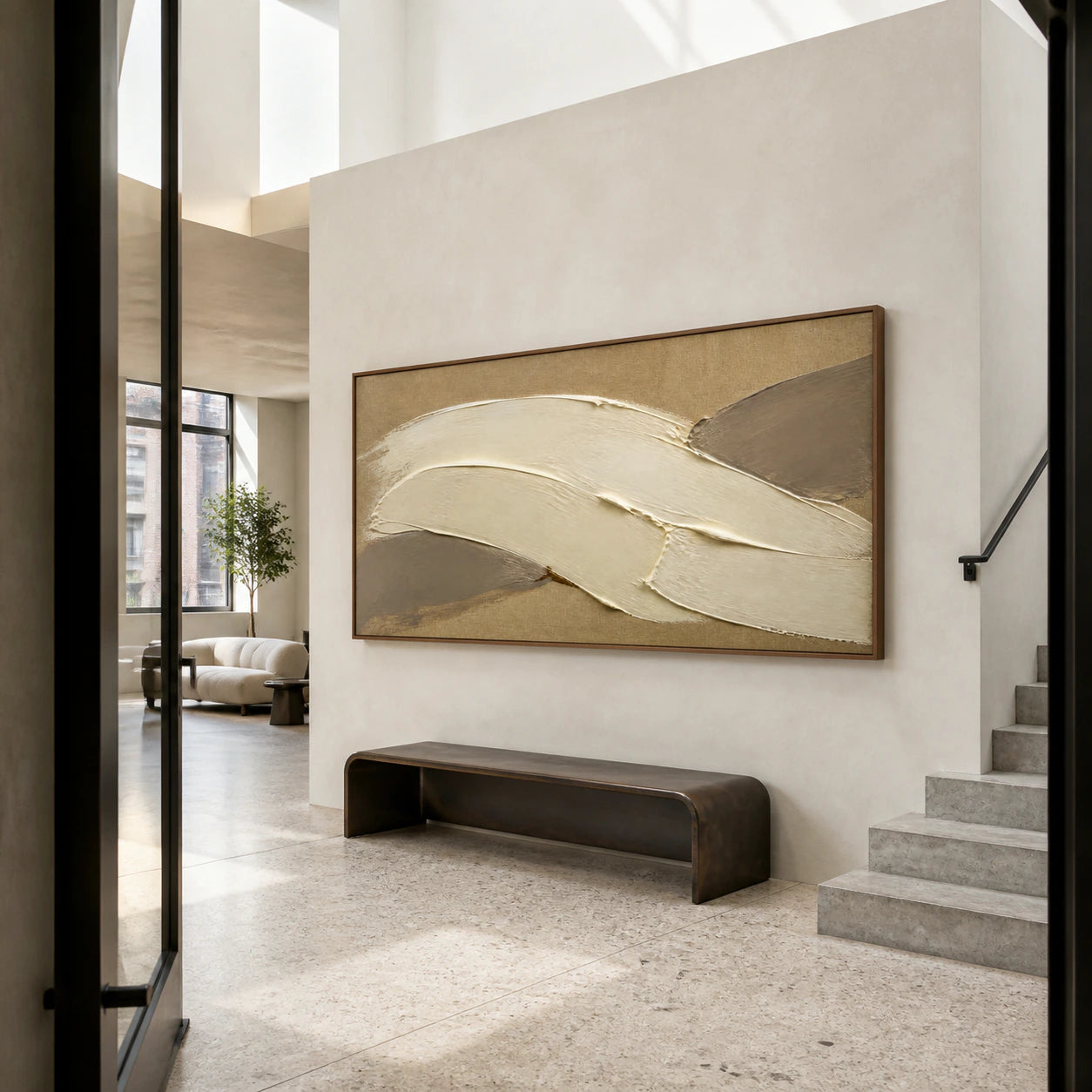 Ochre-Arc at gallery scale in a bright architectural foyer.