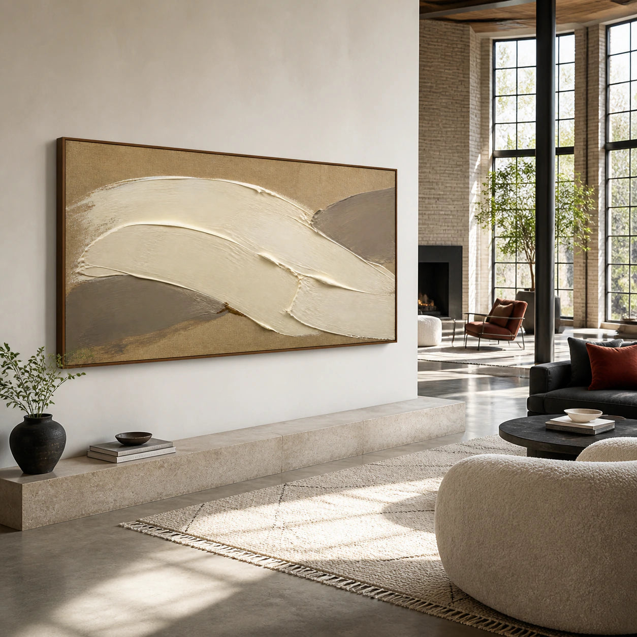 Ochre-Arc as a large focal artwork in an expansive loft hospitality interior.