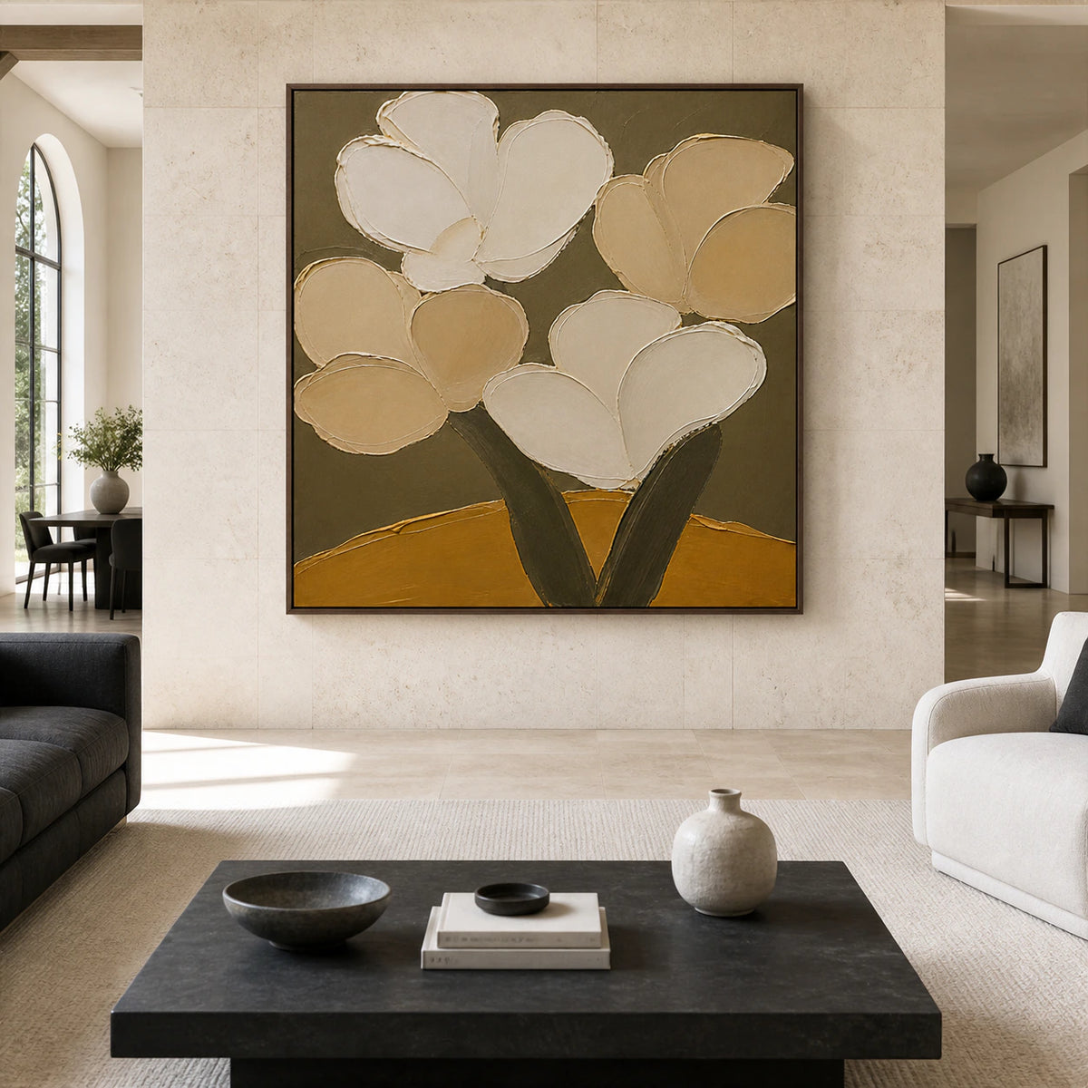 Large square Ochre-Bloom floral abstract displayed straight-on in a spacious sunlit gallery living room.