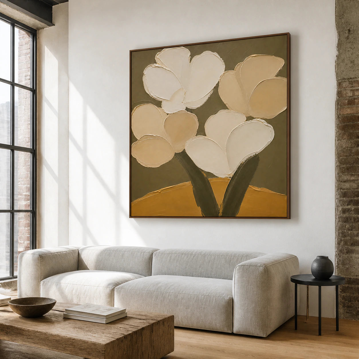 Ochre-Bloom displayed above a pale linen sofa in a bright contemporary living room.