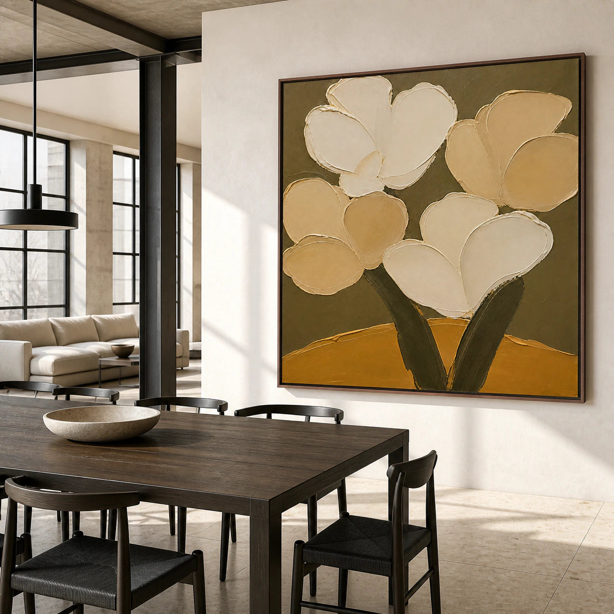 Ochre-Bloom as the focal artwork in a refined daylight-filled dining room.