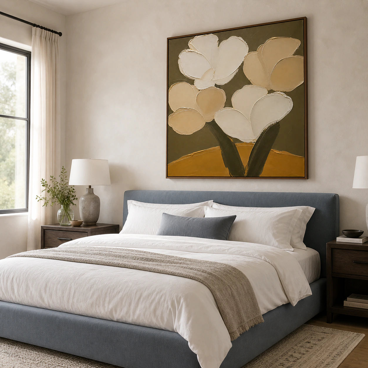 Ochre-Bloom above a low upholstered bed in a quiet, light-filled bedroom.