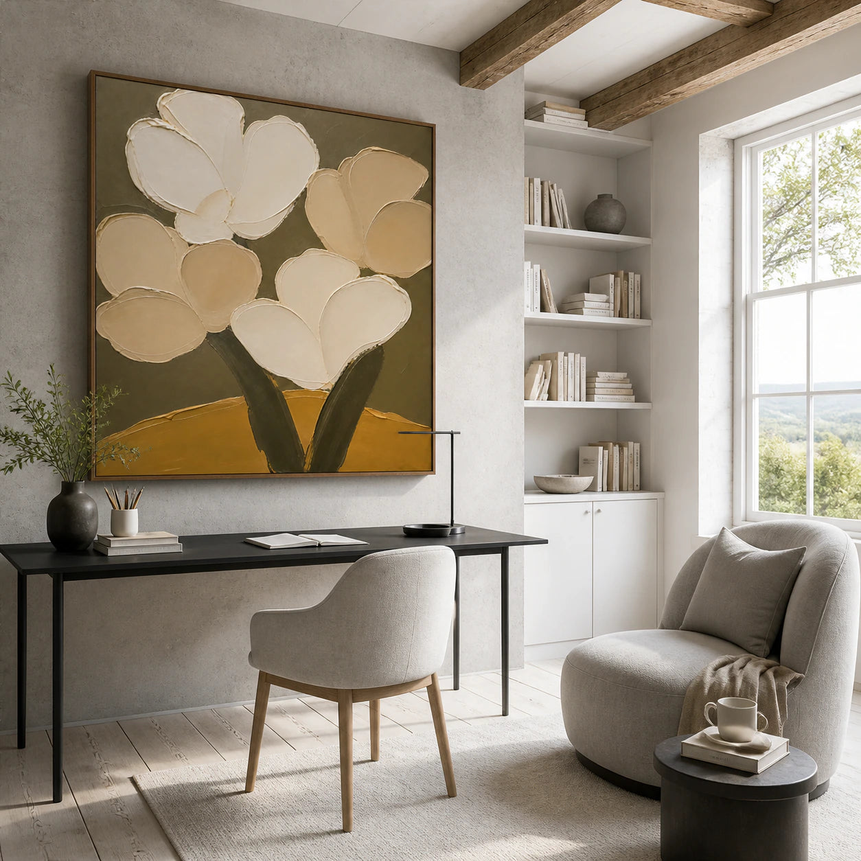 Ochre-Bloom in an airy reading and home office space with natural daylight.