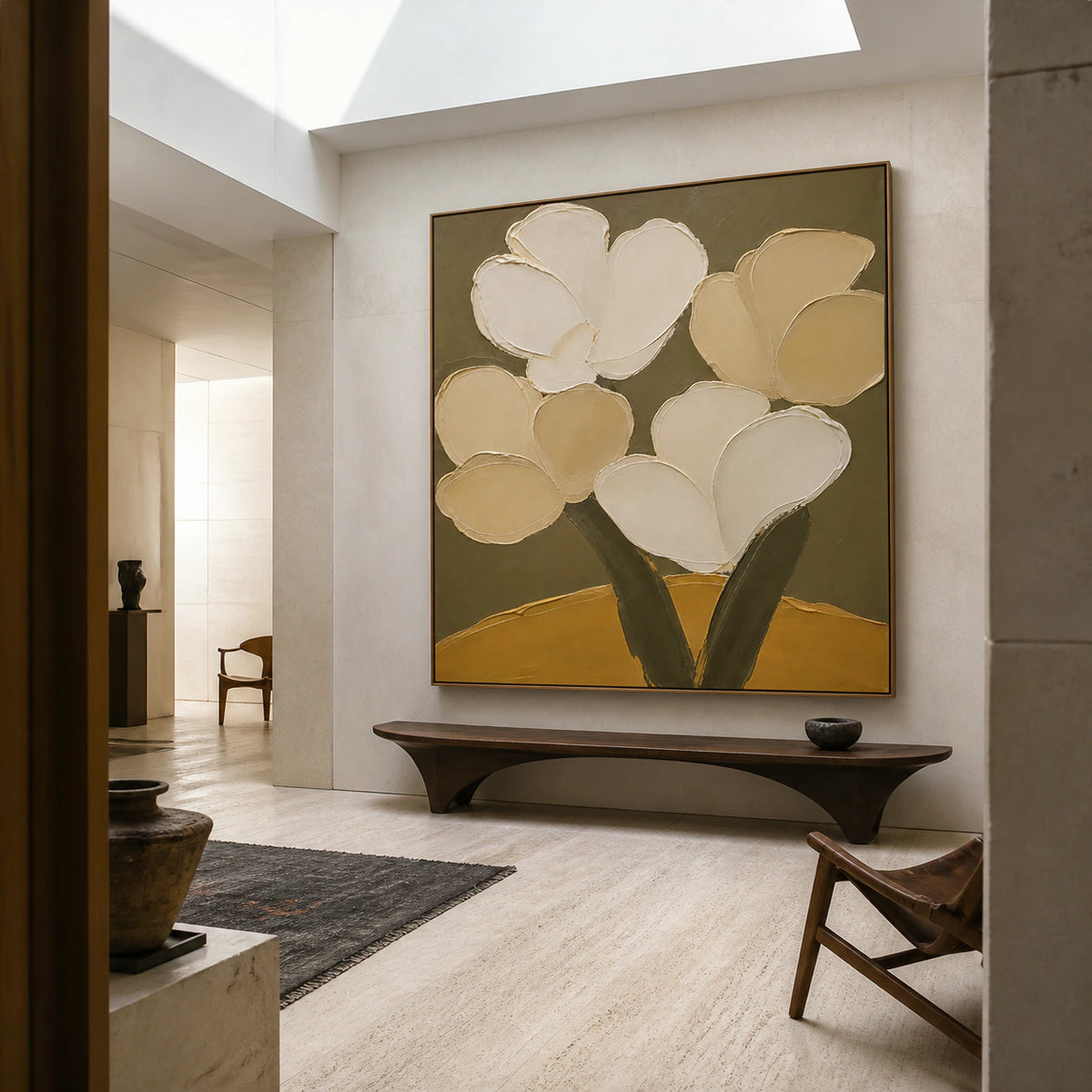 Large Ochre-Bloom floral abstract in a gallery-scale stone foyer.