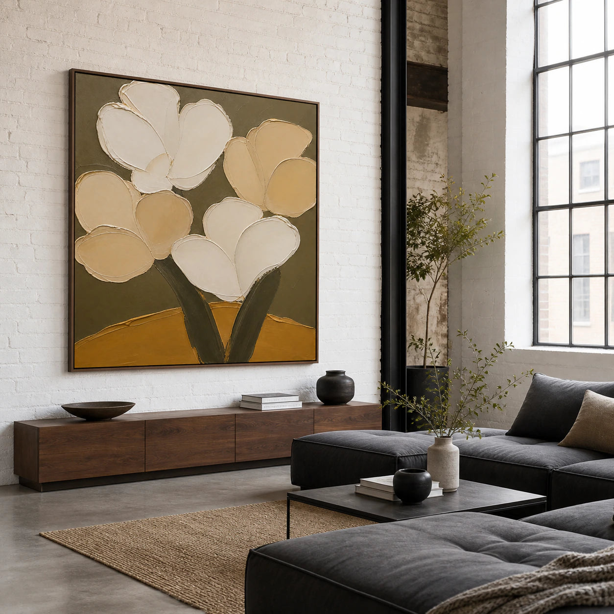 Ochre-Bloom displayed at large scale in an expansive sunlit hospitality loft.