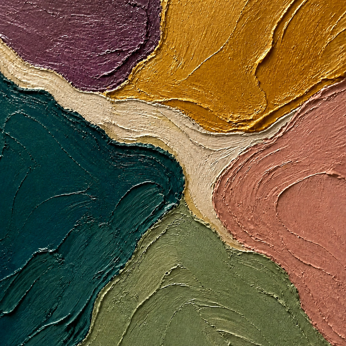 Ochre-Confluence oil painting brushwork and impasto detail photographed from an oblique side angle