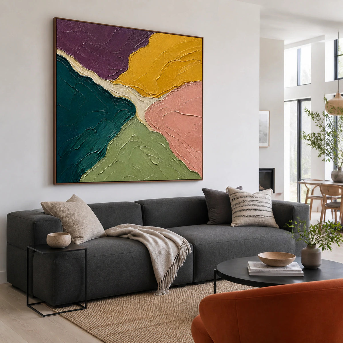 Ochre-Confluence as the focal point in a sunlit contemporary living room.