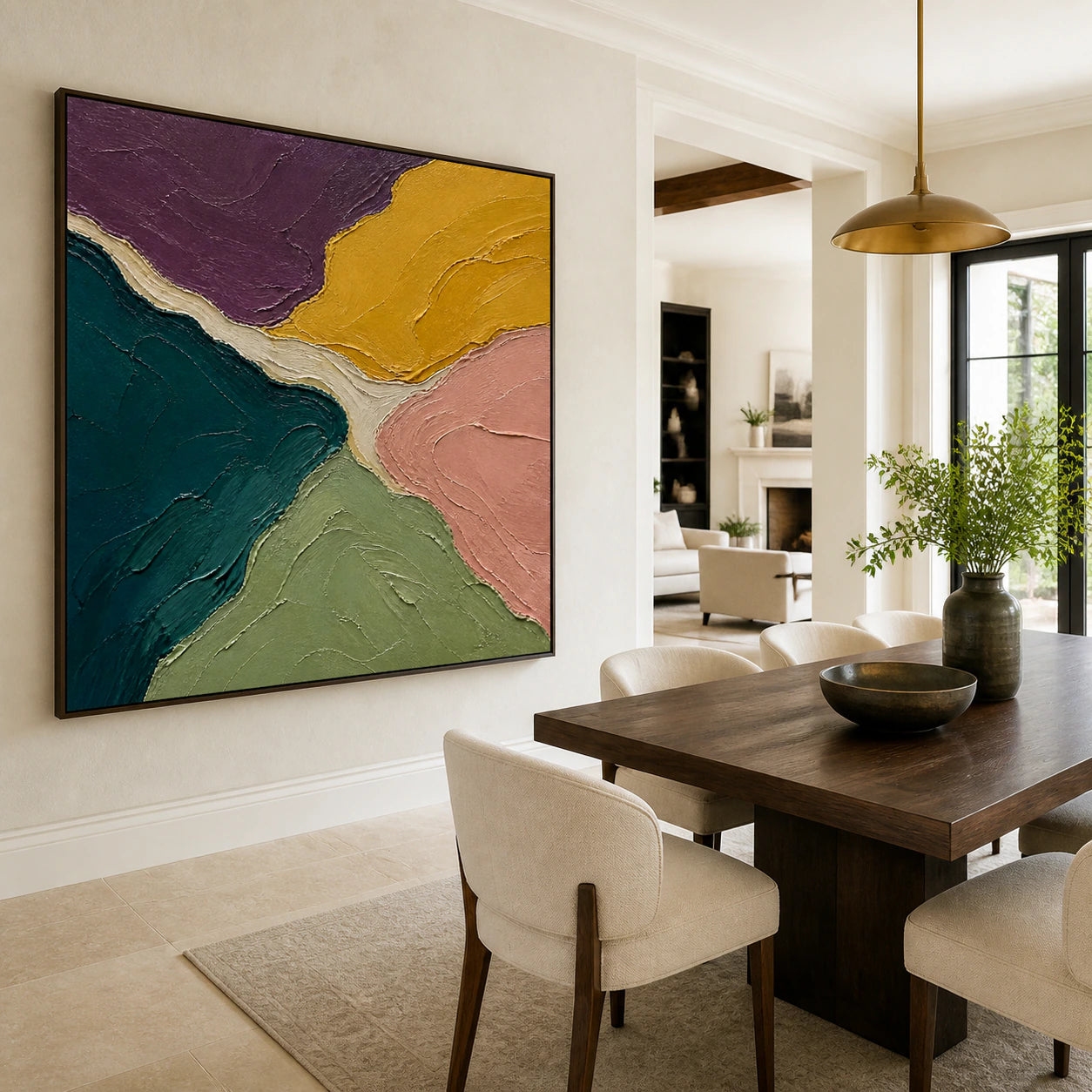 Ochre-Confluence above a refined dining setting with natural daylight.