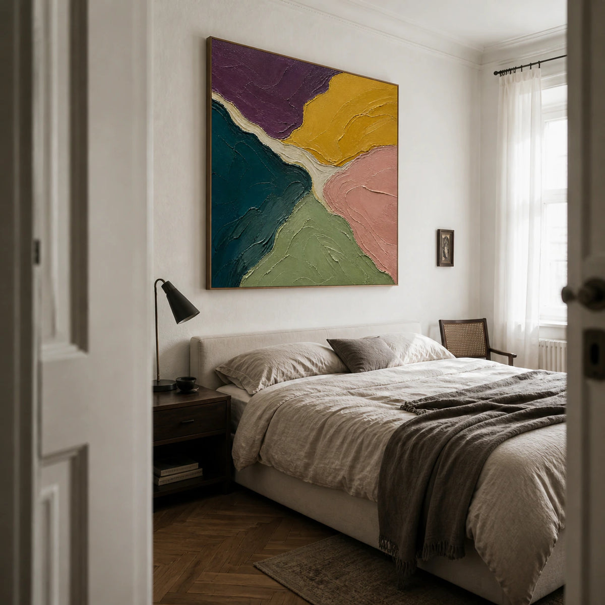 Ochre-Confluence anchoring a quiet, softly lit bedroom.