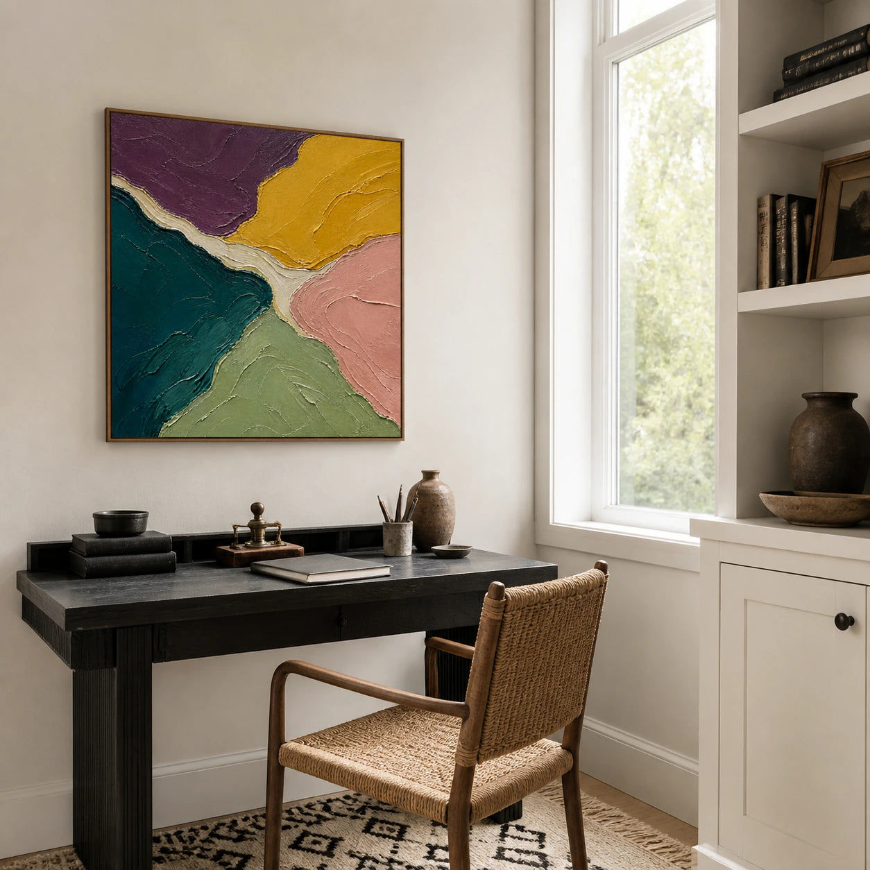 Ochre-Confluence in an airy reading and home office space.