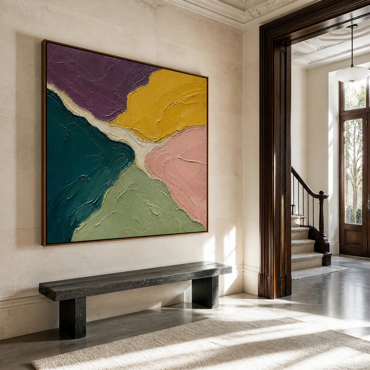 Ochre-Confluence displayed at gallery scale in a luminous foyer.