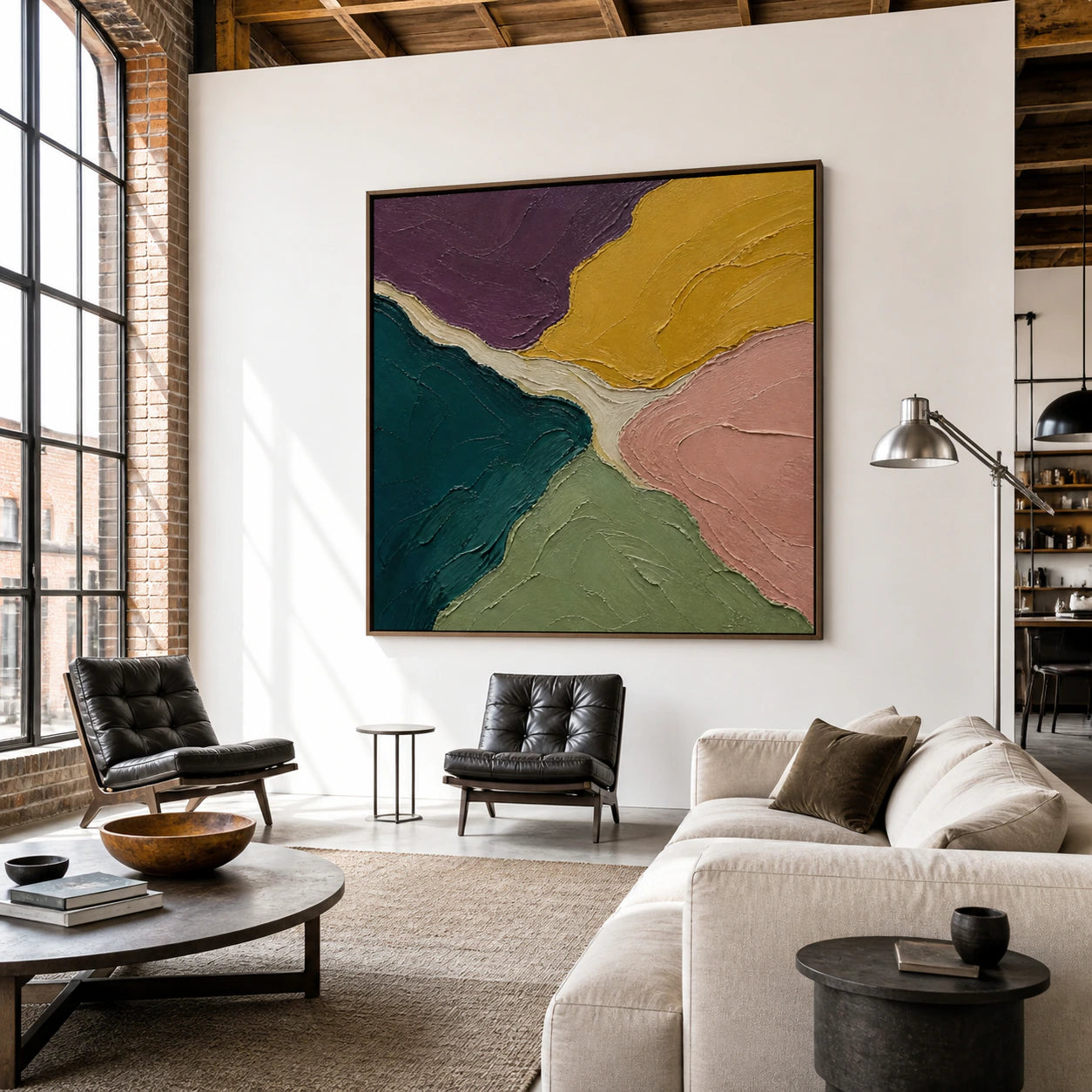 Ochre-Confluence as a large focal artwork in an open loft interior.