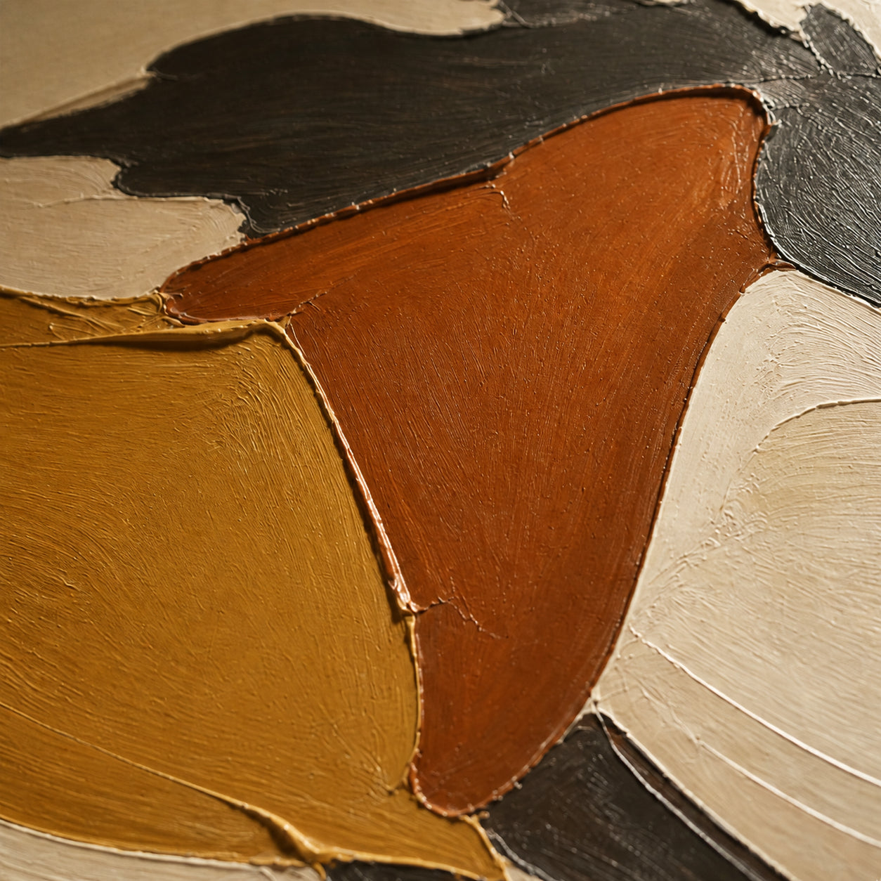 Ochre-Contour oil painting brushwork and impasto detail photographed from an oblique side angle