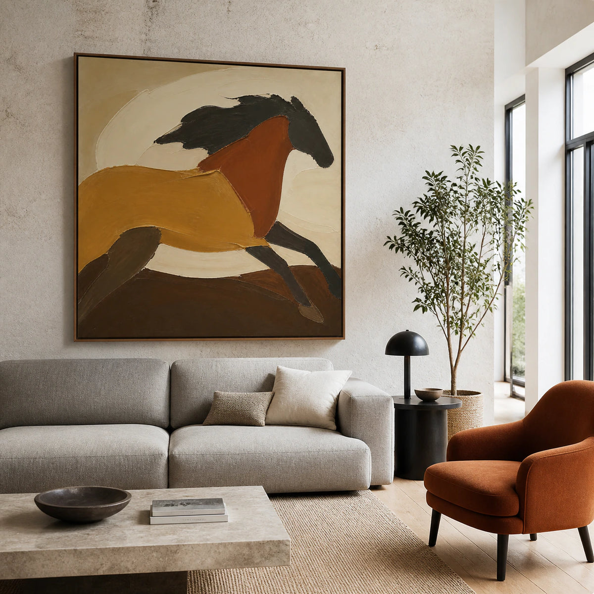 Ochre-Contour above a restrained contemporary sofa in a bright living room.