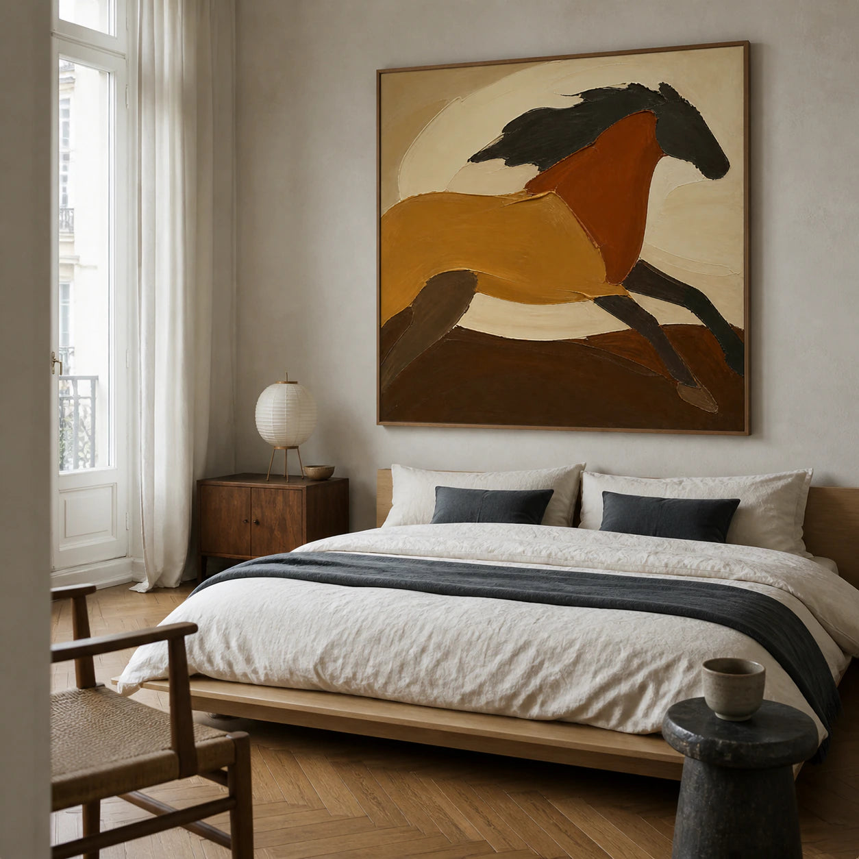Ochre-Contour above a low bed in a quiet, sunlit bedroom.