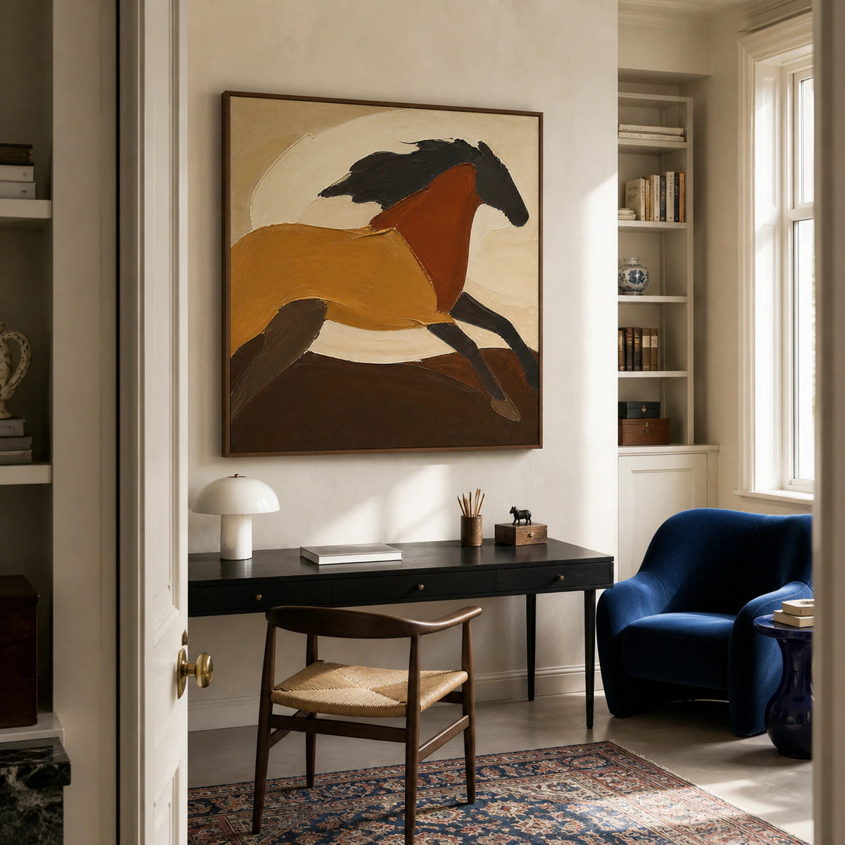 Ochre-Contour anchoring an airy home office and reading space.