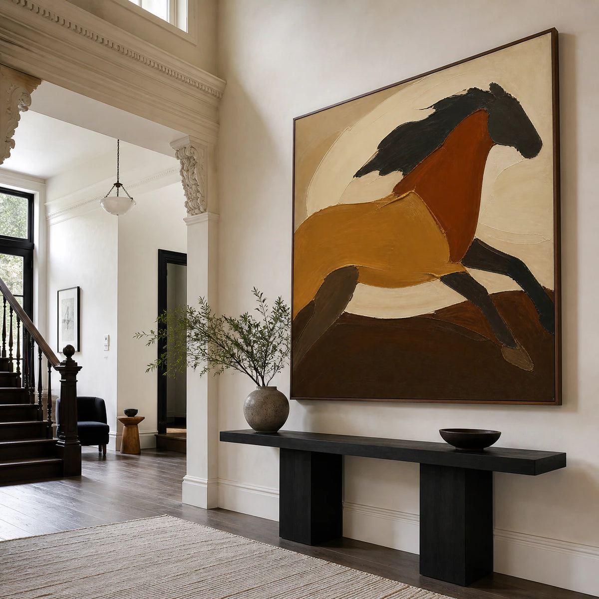 Ochre-Contour at gallery scale in a luminous architectural foyer.