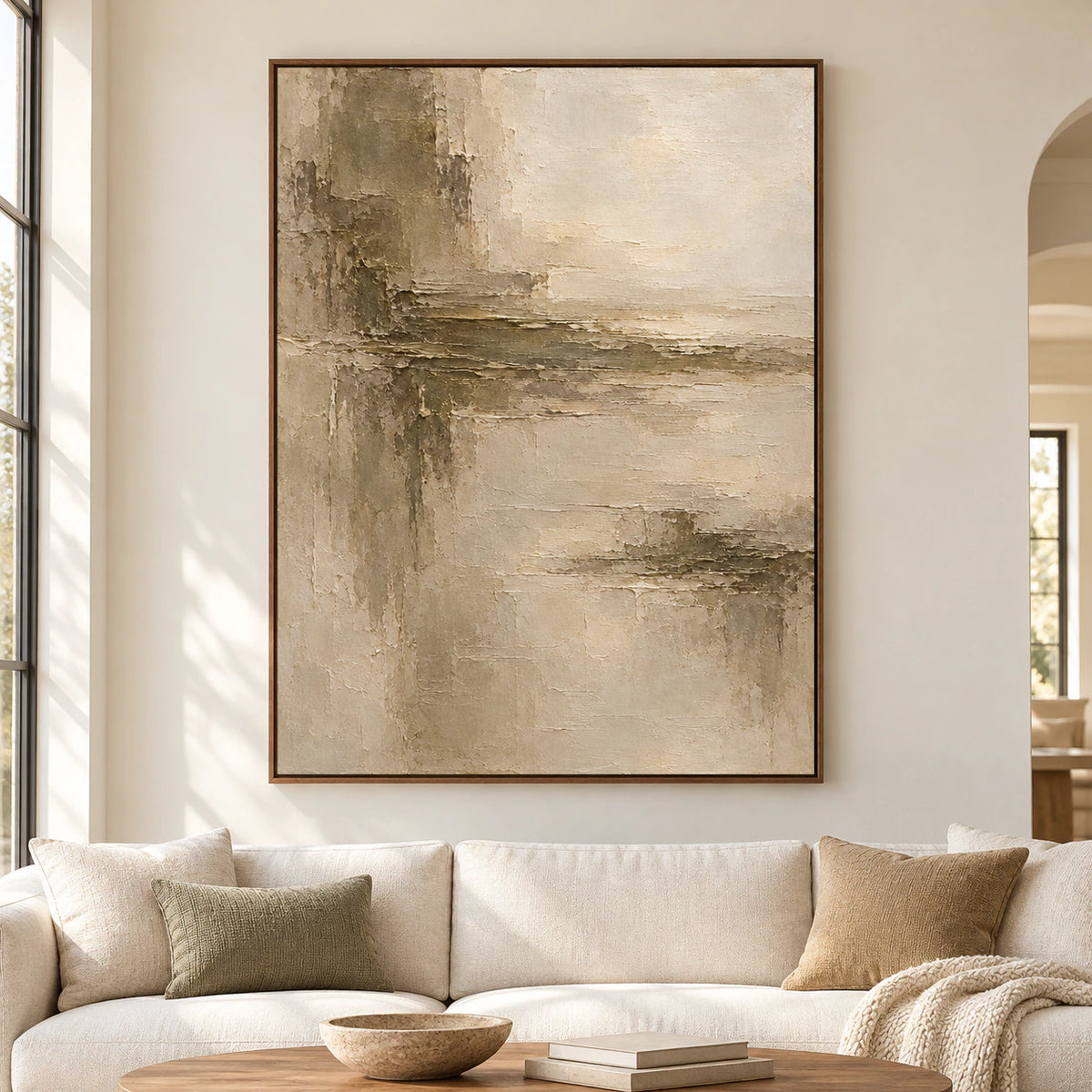 Straight-on view of a large ivory, ochre and olive-brown abstract painting on a bright architectural wall with restrained furnishings and natural daylight.