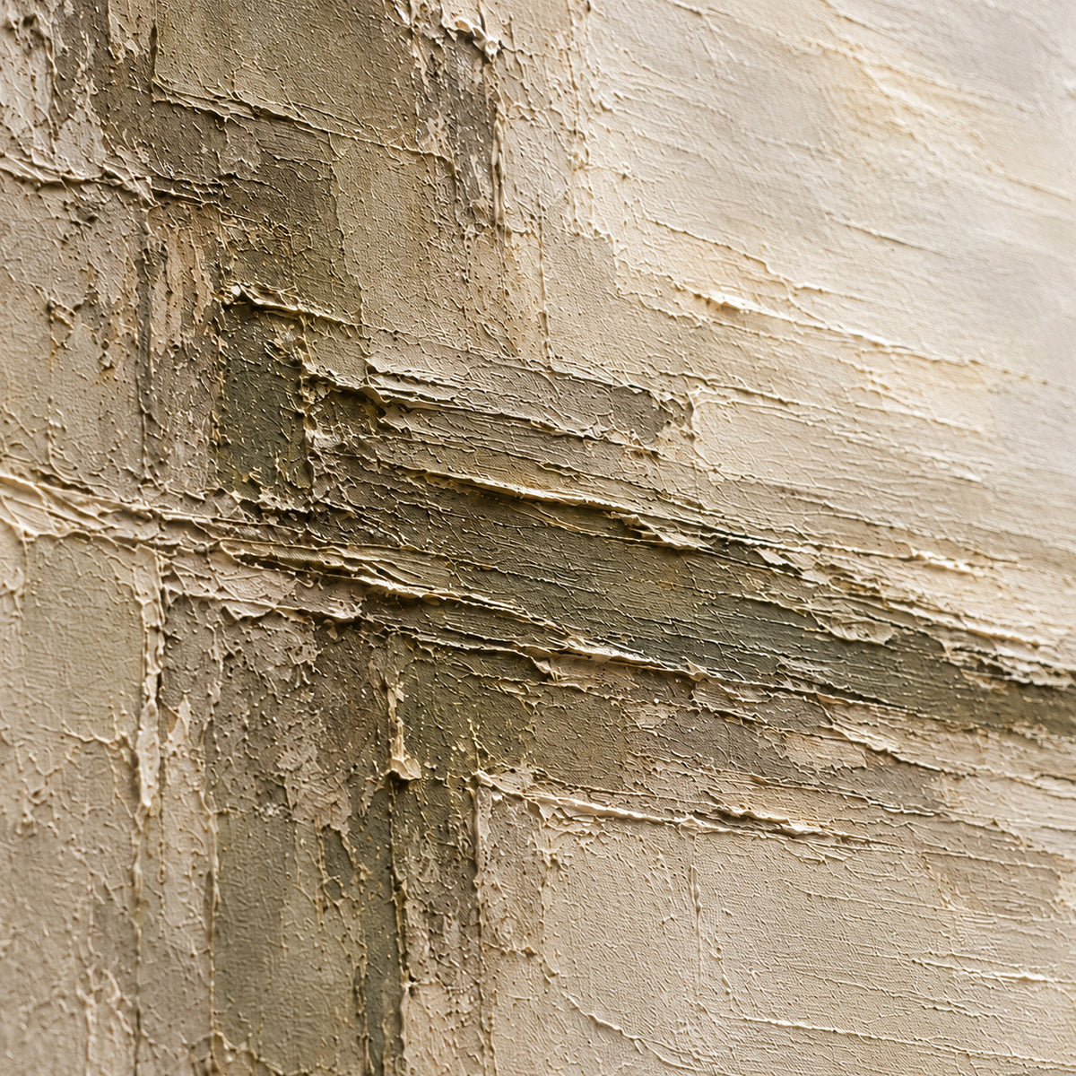 Oblique close-up of Ochre-Crossing oil painting, showing raised paint ridges and layered color transitions under grazing directional light.