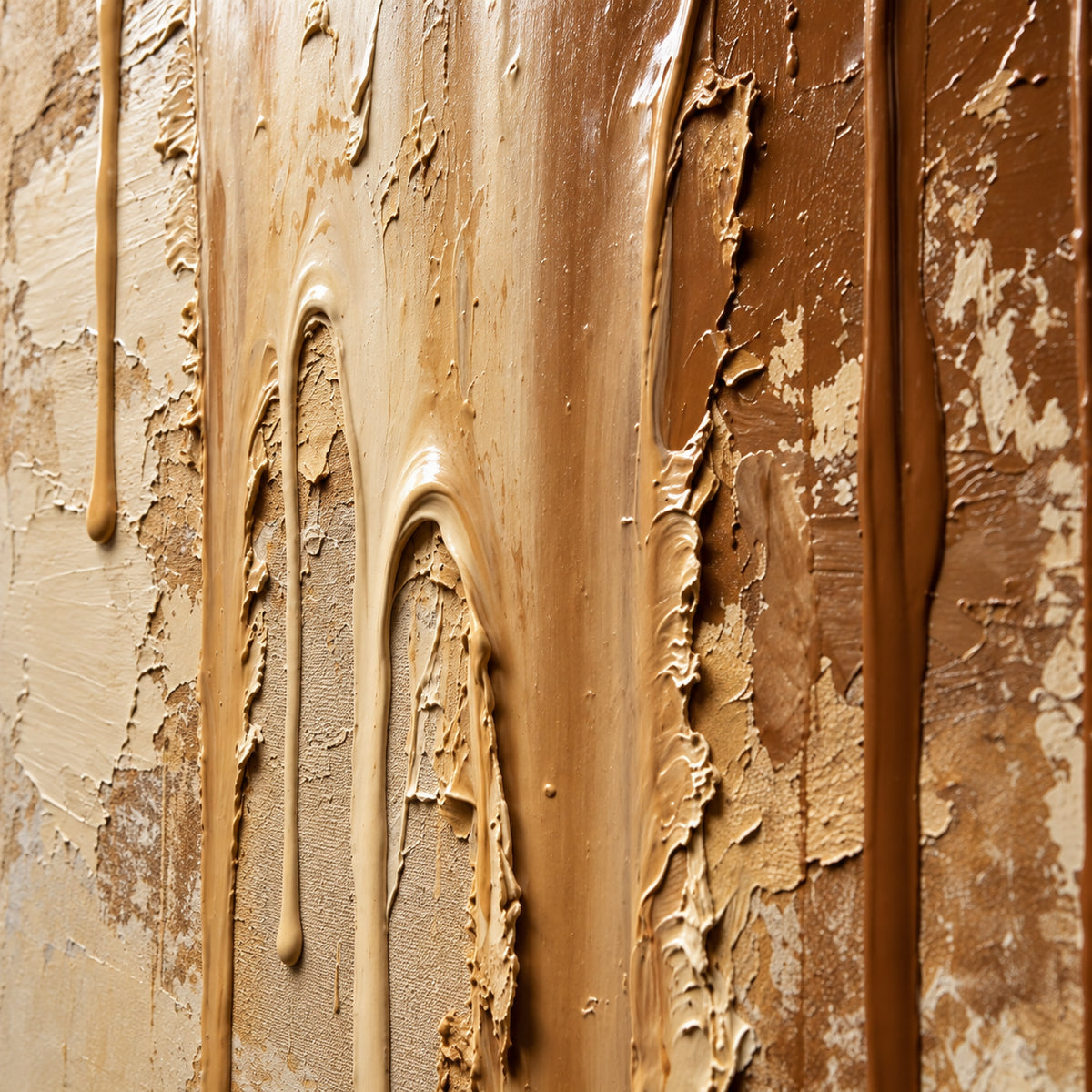 Ochre-Descent oil painting brushwork and impasto detail photographed from an oblique side angle