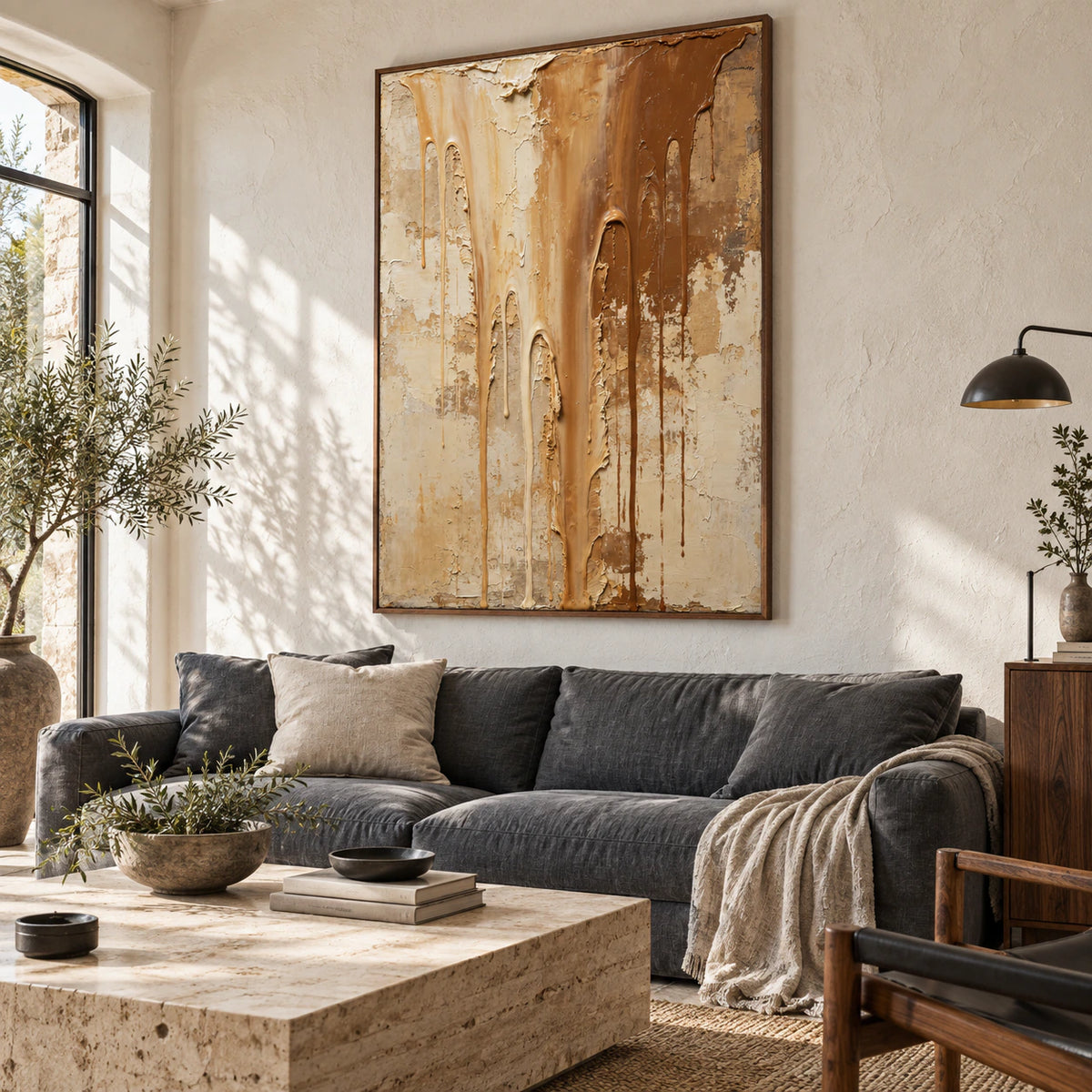 Ochre-Descent as the focal artwork in a bright, open living room.