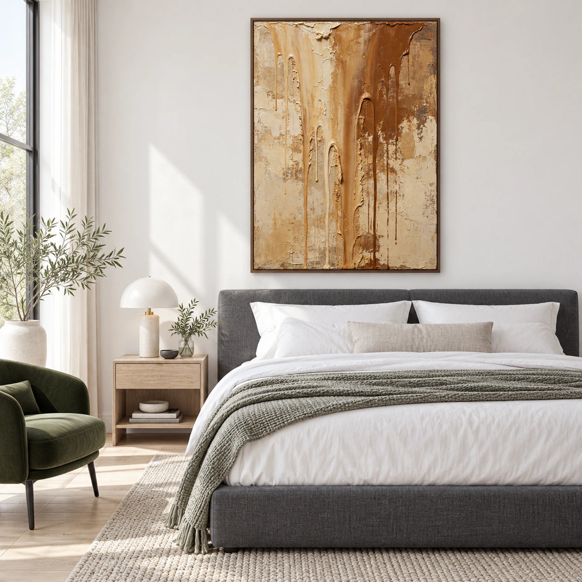 Ochre-Descent bringing warm tactile contrast to a quiet bedroom.