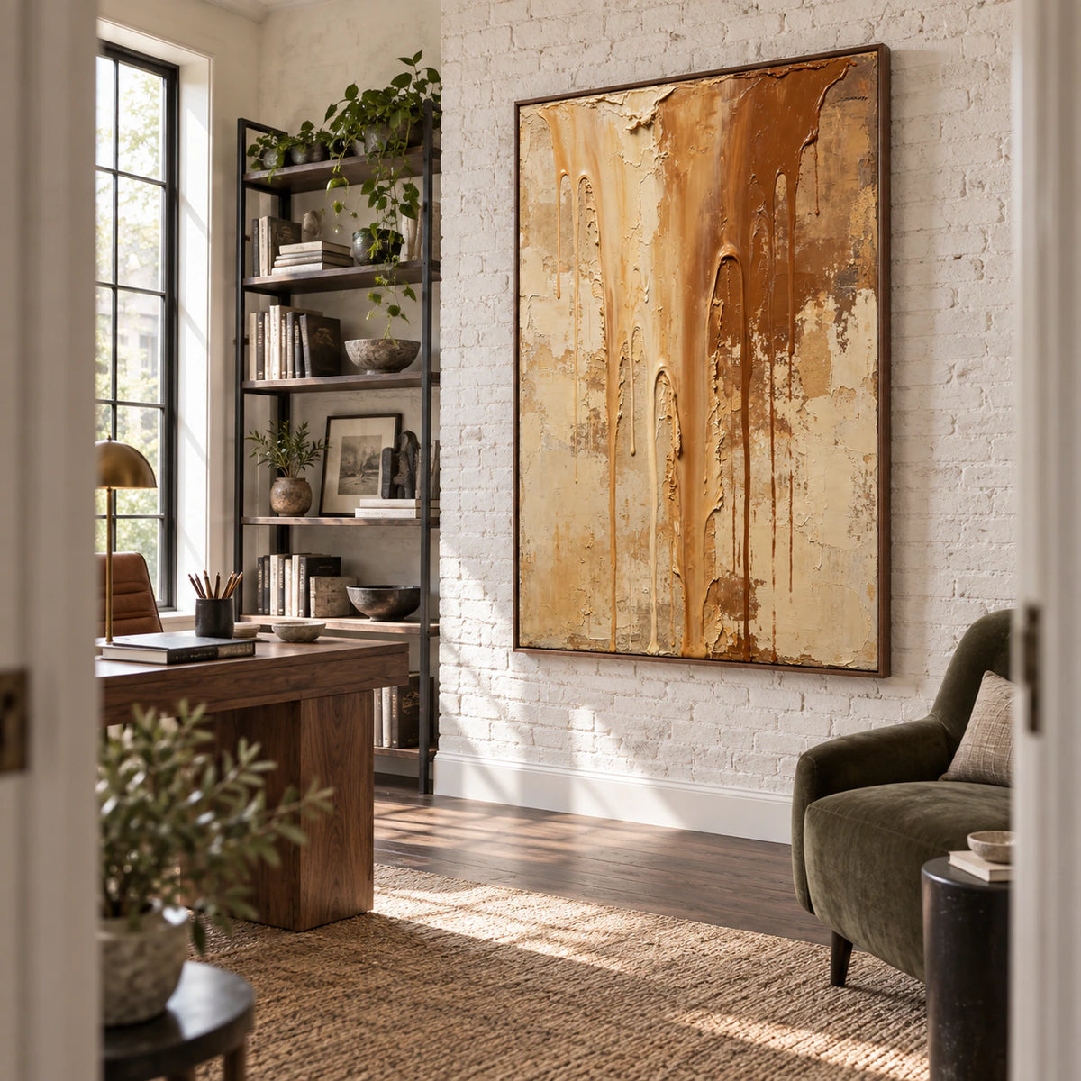Ochre-Descent featured in an airy home office reading space.