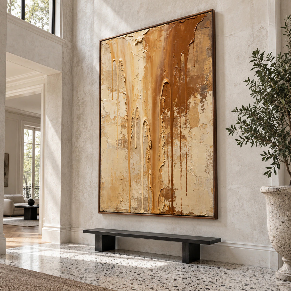 Ochre-Descent installed at gallery scale in a light-filled foyer.