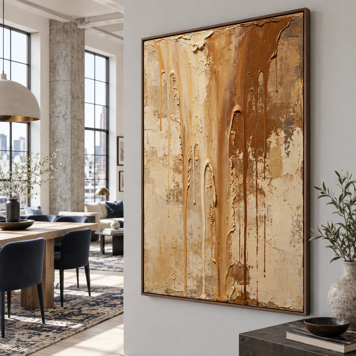 Ochre-Descent as a large focal point in an expansive loft hospitality interior.