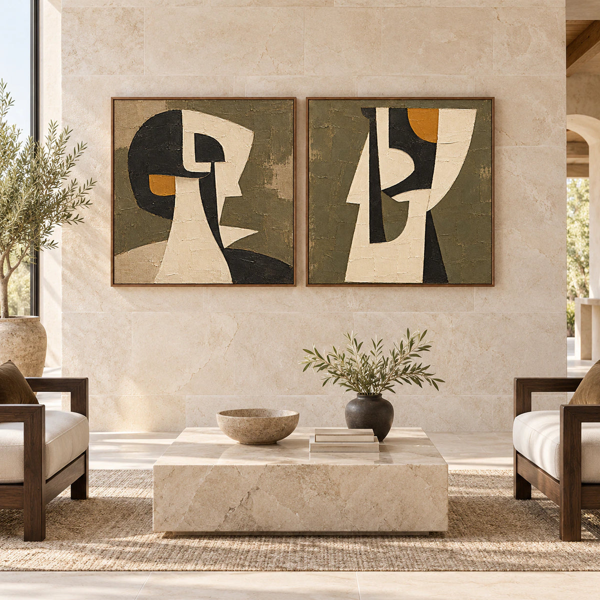 Ochre-Effigy diptych displayed at large scale in a spacious straight-on interior
