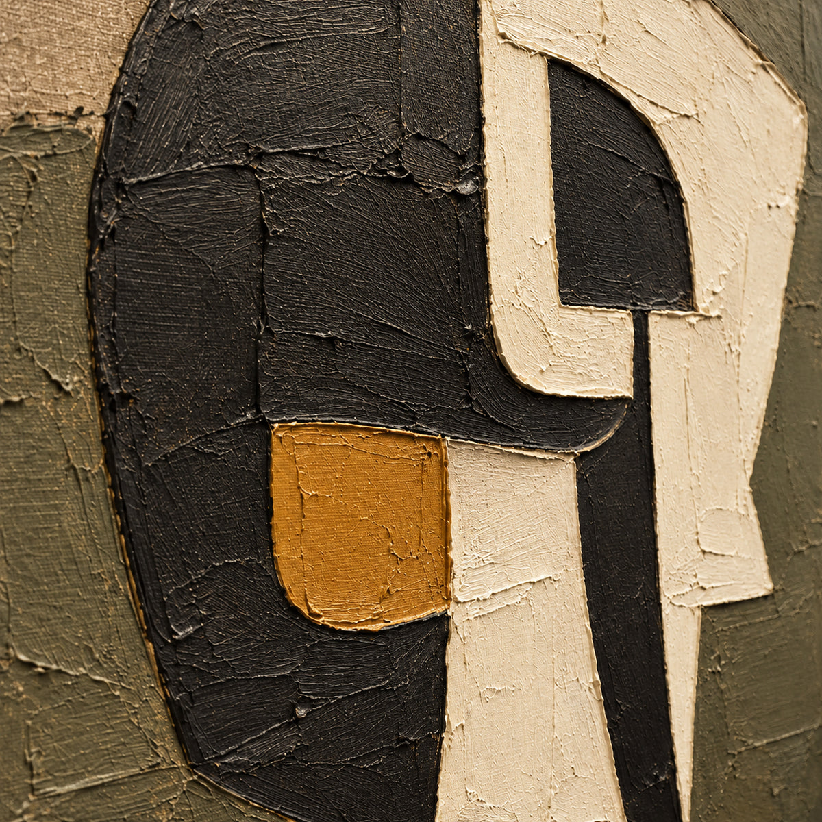 Ochre-Effigy oil painting brushwork and impasto detail photographed from an oblique side angle