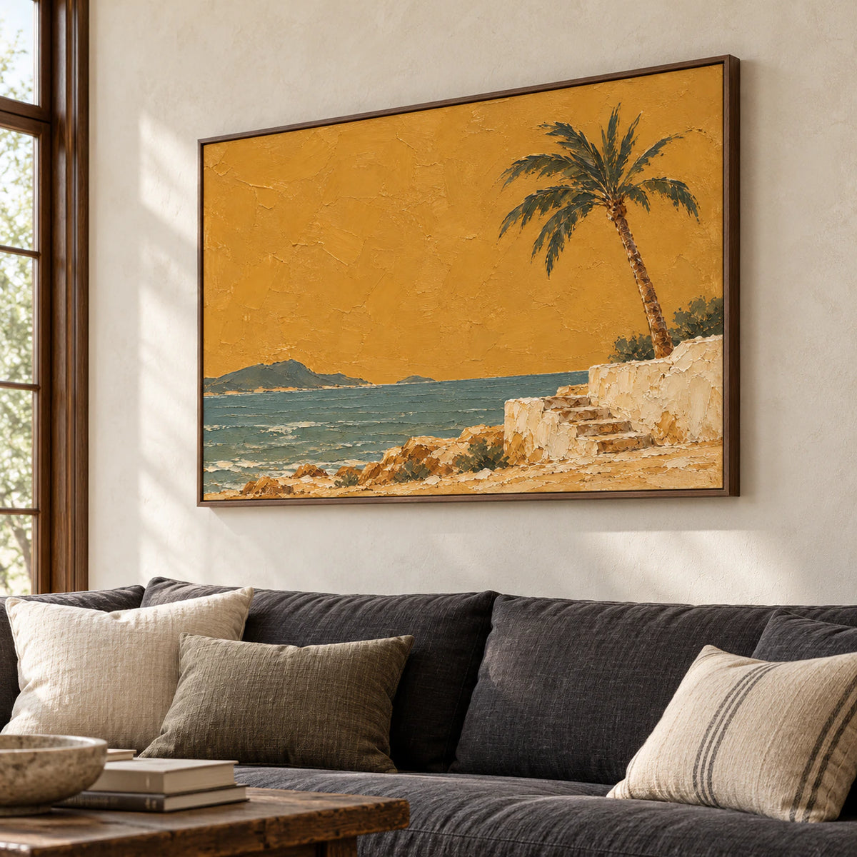 Large coastal painting above a charcoal sofa in a bright living room.