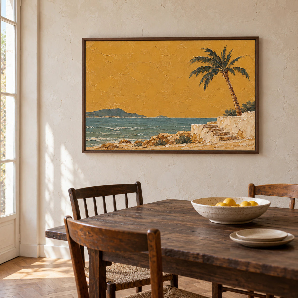 Large coastal painting on a pale wall in a refined dining room with a dark wood table.