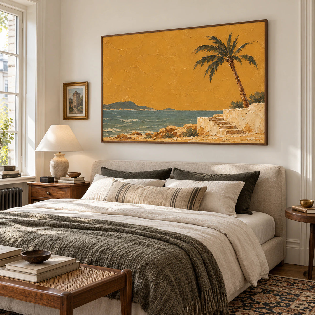 Large coastal painting above a low bed in a quiet, daylight-filled bedroom.