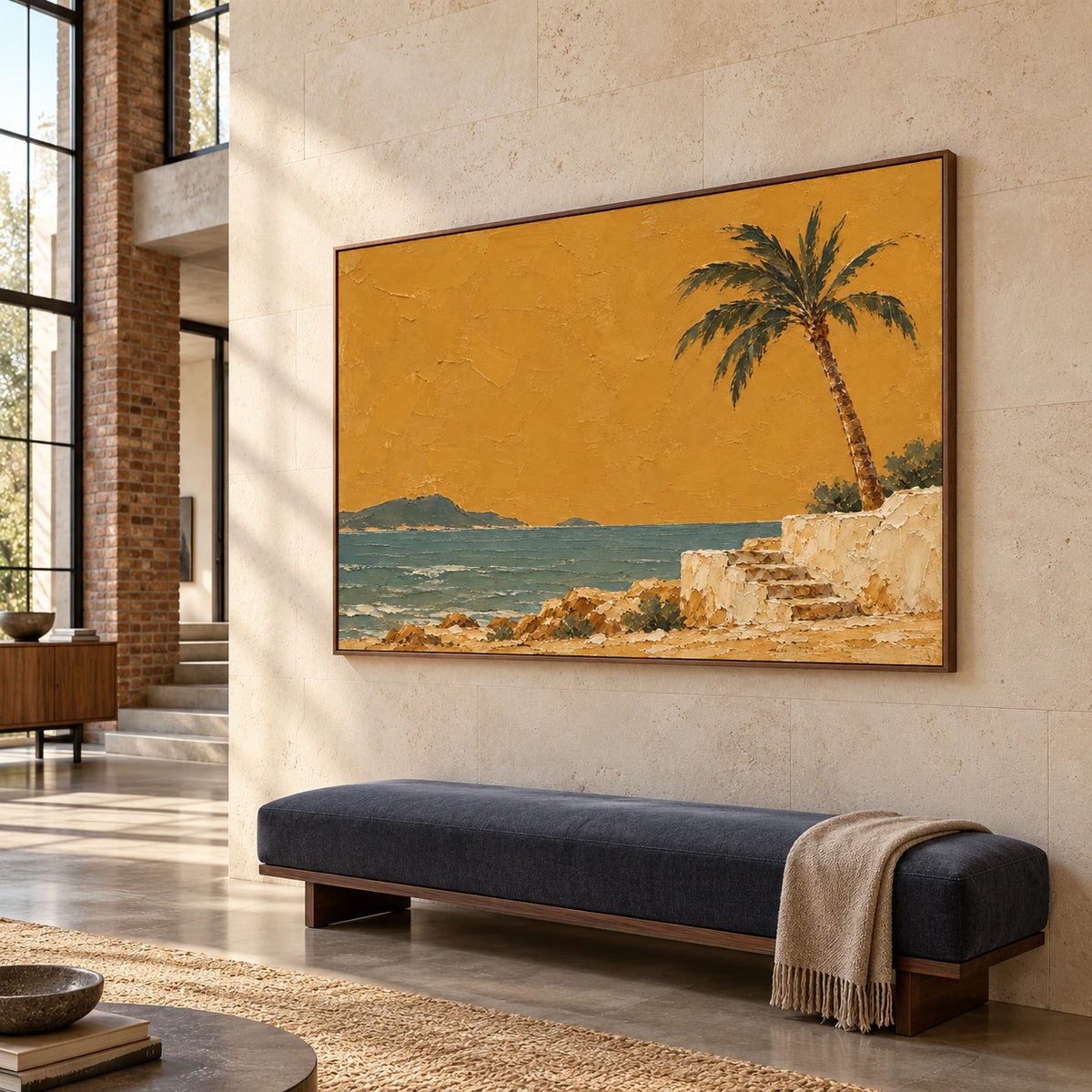 Large coastal painting displayed at scale in a bright gallery-like foyer.