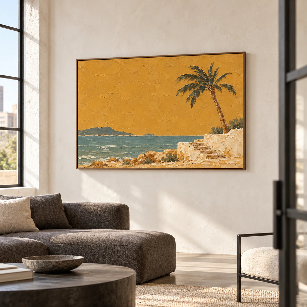 Large coastal painting commanding the wall of an expansive hospitality loft.