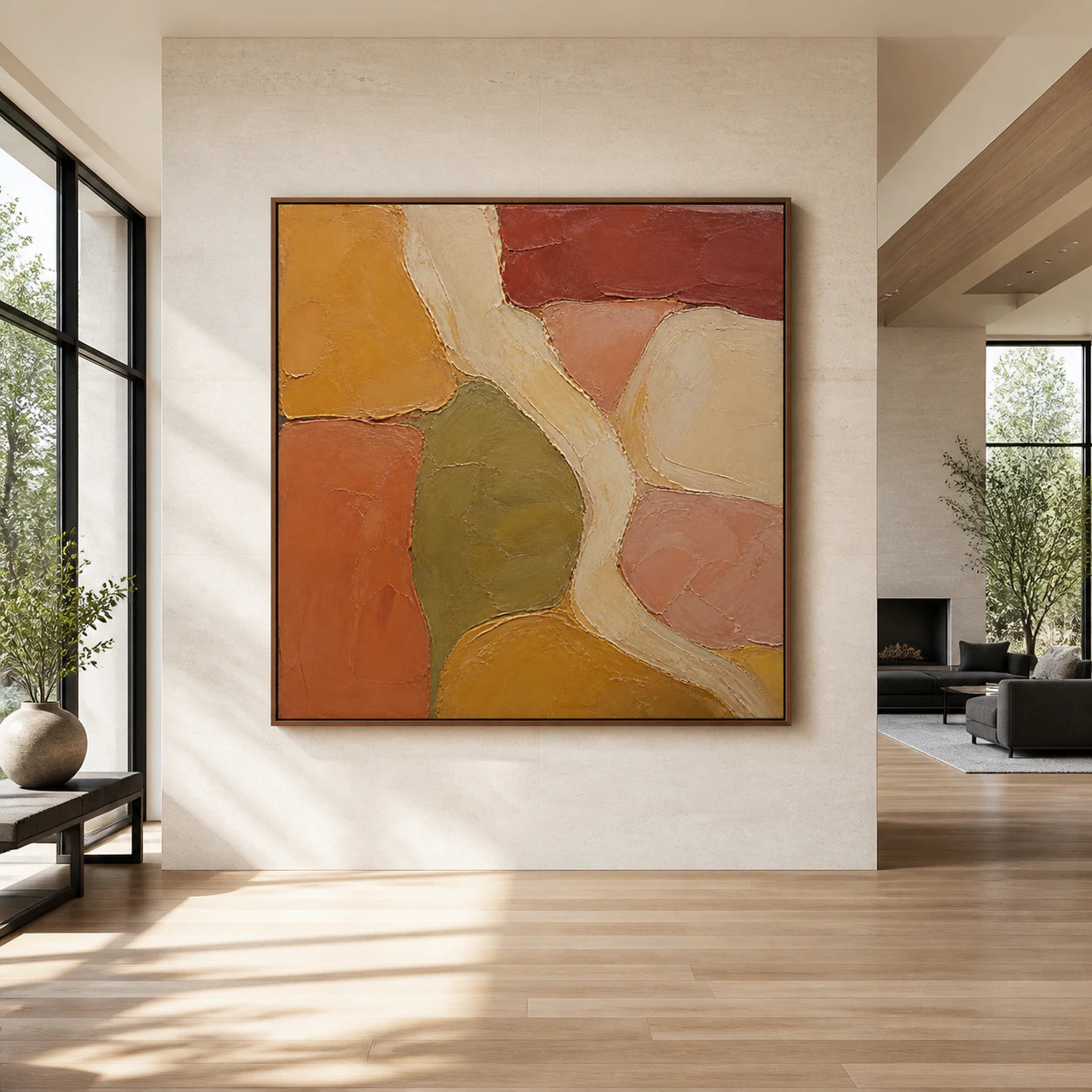 Large square Ochre-Interlace artwork displayed straight-on in a spacious daylight-filled interior.