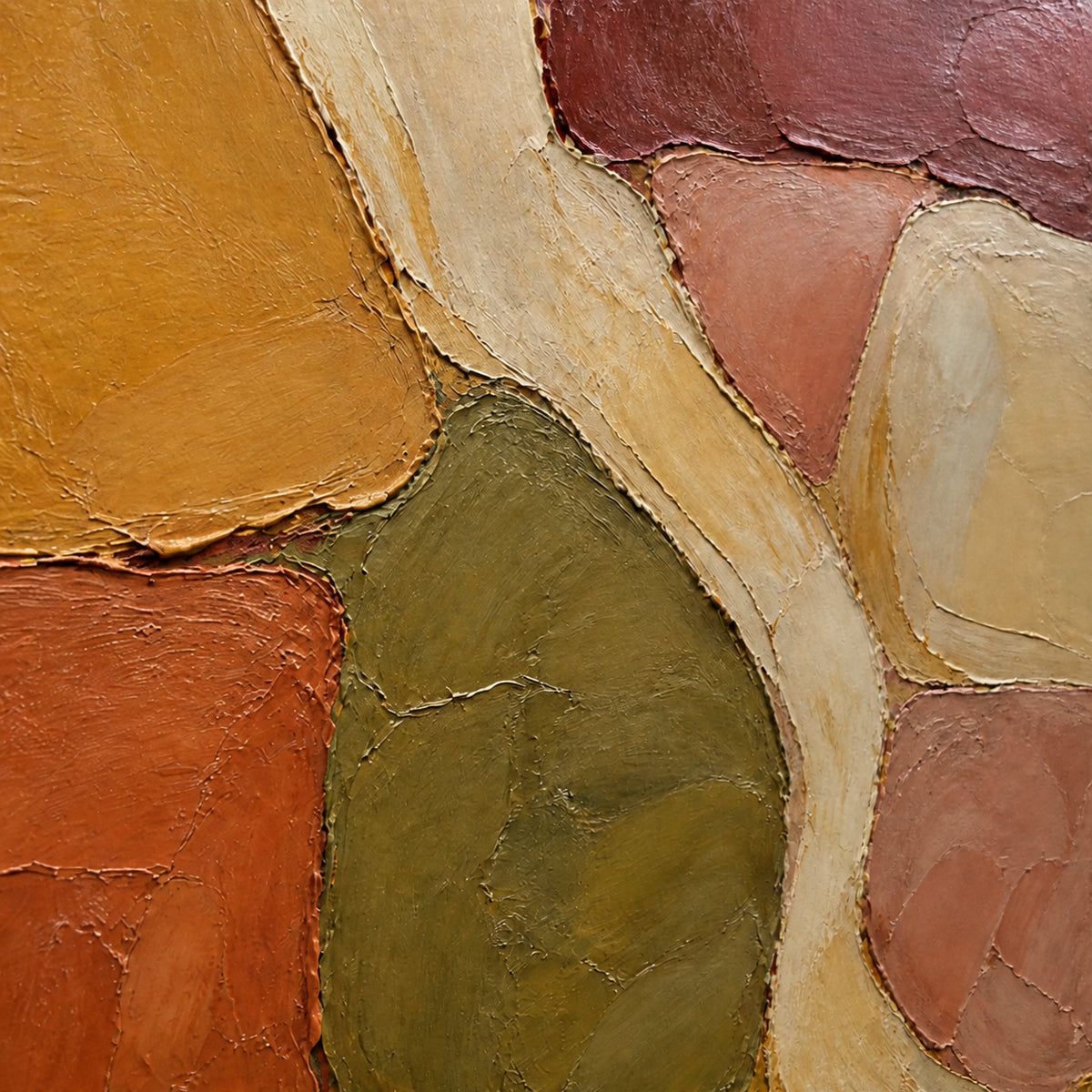 Ochre-Interlace oil painting brushwork and impasto detail photographed from an oblique side angle